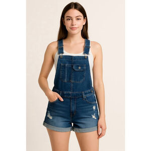 Machine Dark Wash Denim Overalls Shorts Blue Distressed Lg Cabincore Fisherman